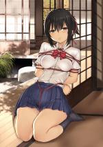 学生、ＪＫ・・女の子座りー床ーぺたん座り、緊縛ー後ろ手ーソフトー縄細ー胸しぼり出し